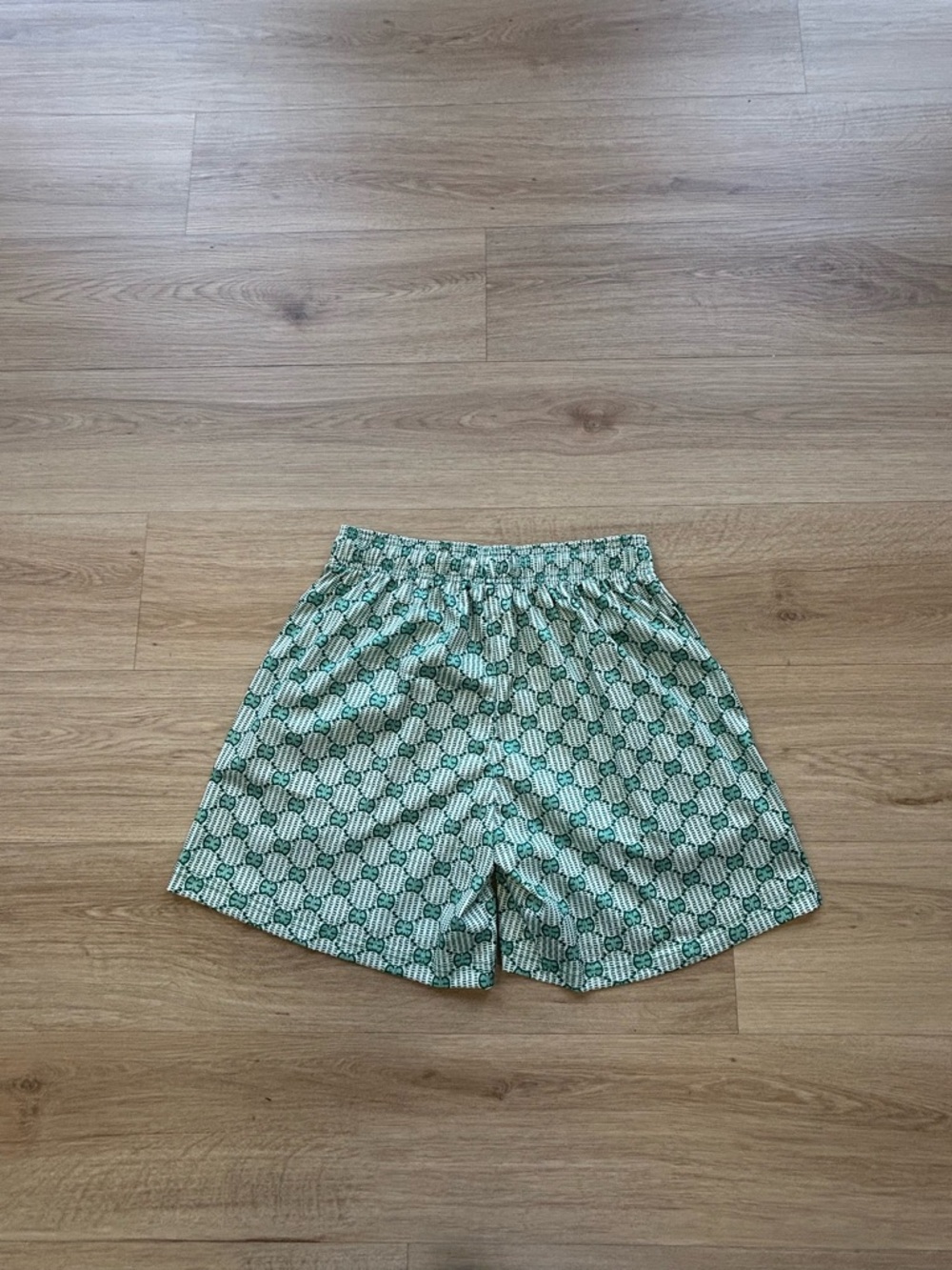 Men's Athletic Light Green Patterned Elastic-Waist Shorts